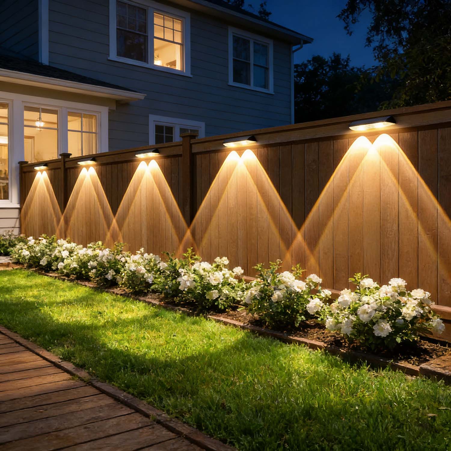 Solar Fence Lights 2 Pack, 3 Lighting Modes Warm White/Daylight White/Cool White Solar Outdoor Lights, Waterproof Deck Lights for Fences, Stair Railings, Pool Side, Walls and Patio