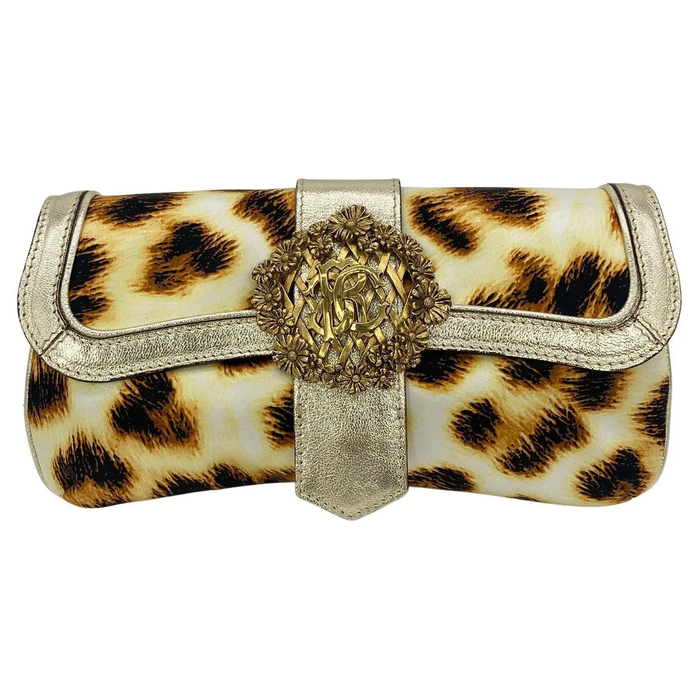 Pre-owned Roberto Cavalli Silk Clutches & Wristlets Vintage Leopard Print Sunflower Clutch Baguette