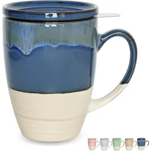 Ceramic  Cup with Infuser and Lid, 13.5 Oz, 5 Colors to Choose, Dishwasher and Microwave Safe, Reactive , Steeping  Mug with Strainer (Deep Blue)