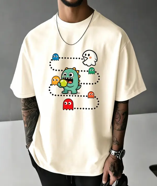 Cute Dinosaur Pacman Ghost Graphic T-Shirt, Retro Arcade Game Aesthetic Tee,  Cartoon Monster Print Top For Men Women Teen, Soft Cotton Casual Oversized Streetwear Shirt, Fun Nostalgic Gamer Outfit, Kawaii Little Monster Crewneck Tee,