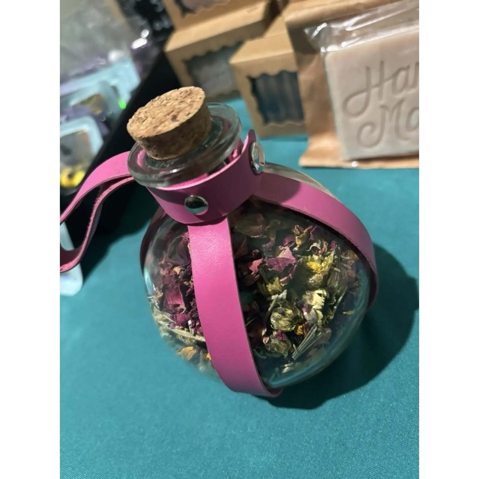 Flower Scented Potion Bottle with Cork Stopper and Pink Strap for Aromatherapy and Decorative Use