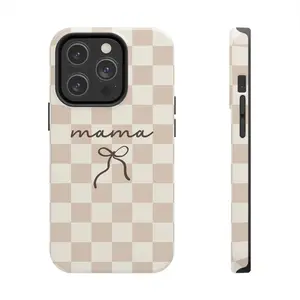 Mama Bow Phone Case Tan Gingham Mom Design Cute Aesthetic Motherhood Gift Soft Neutral Plaid iPhone Protective Cover