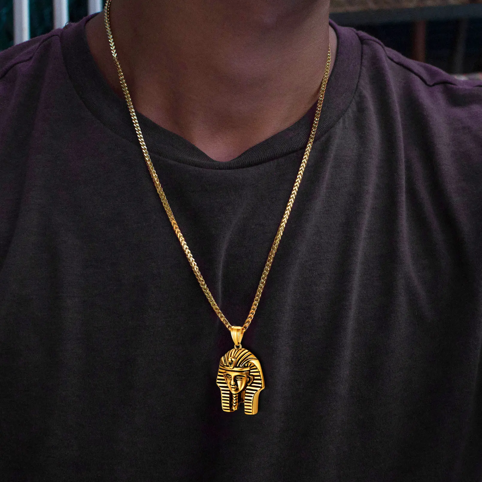 FaithHeart Chain Necklace with Ancient Egyptian Pharaoh Mask Pendant, 316L Stainless Steel Amulet Jewelry for Men Women, 24-Inch Adjustable Rope Chain, Classical Artificial Gemstone Necklaces & Pendants, Elegant Artificial Gemstone Necklaces & Pendants