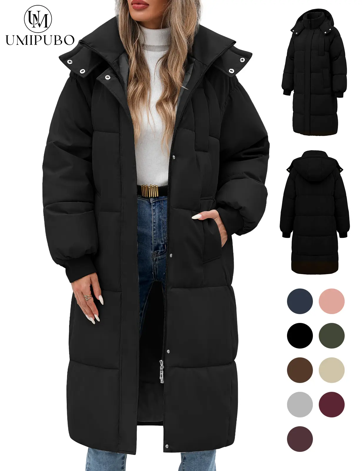 [Restock] UMIPUBO Women's Long Quilted Parka - Long Sleeve, Casual, Down-Alt Filling, Winter Thick Warm, Hooded, Full Front Zipper Seals in Warmth, Zip-Up, Pockets, Pairs Easily with Hoodies and Jeans Outerwear
