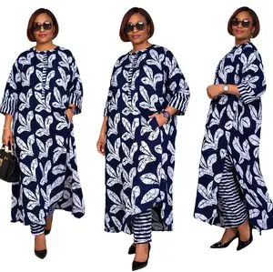 Awele Ankara Kaftan & Straight-Leg Pants fall/winter collection Set in Vibrant colour with White Leaf Print for Stylish Comfort