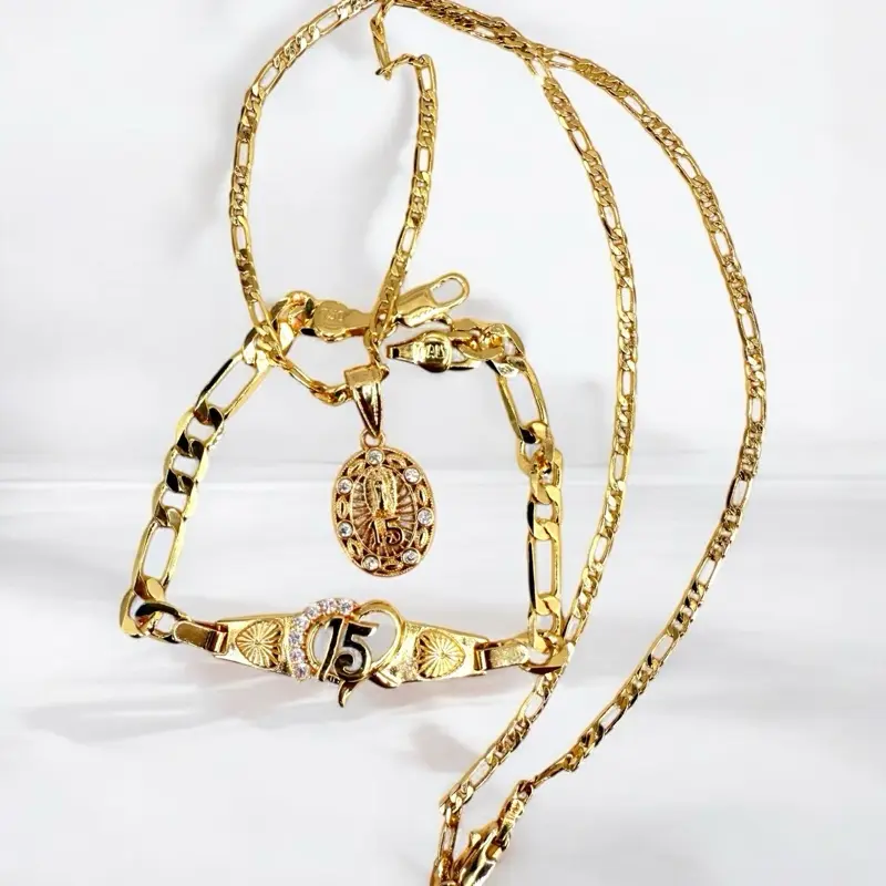 Popular 15th Quinceañera 18k Gold-Plated Female Jewelry Set - Sweet Necklaces for Women, Fashion Bracelet with Sparkling Stones & Virgin Mary Medallion, Ideal Gift for Women