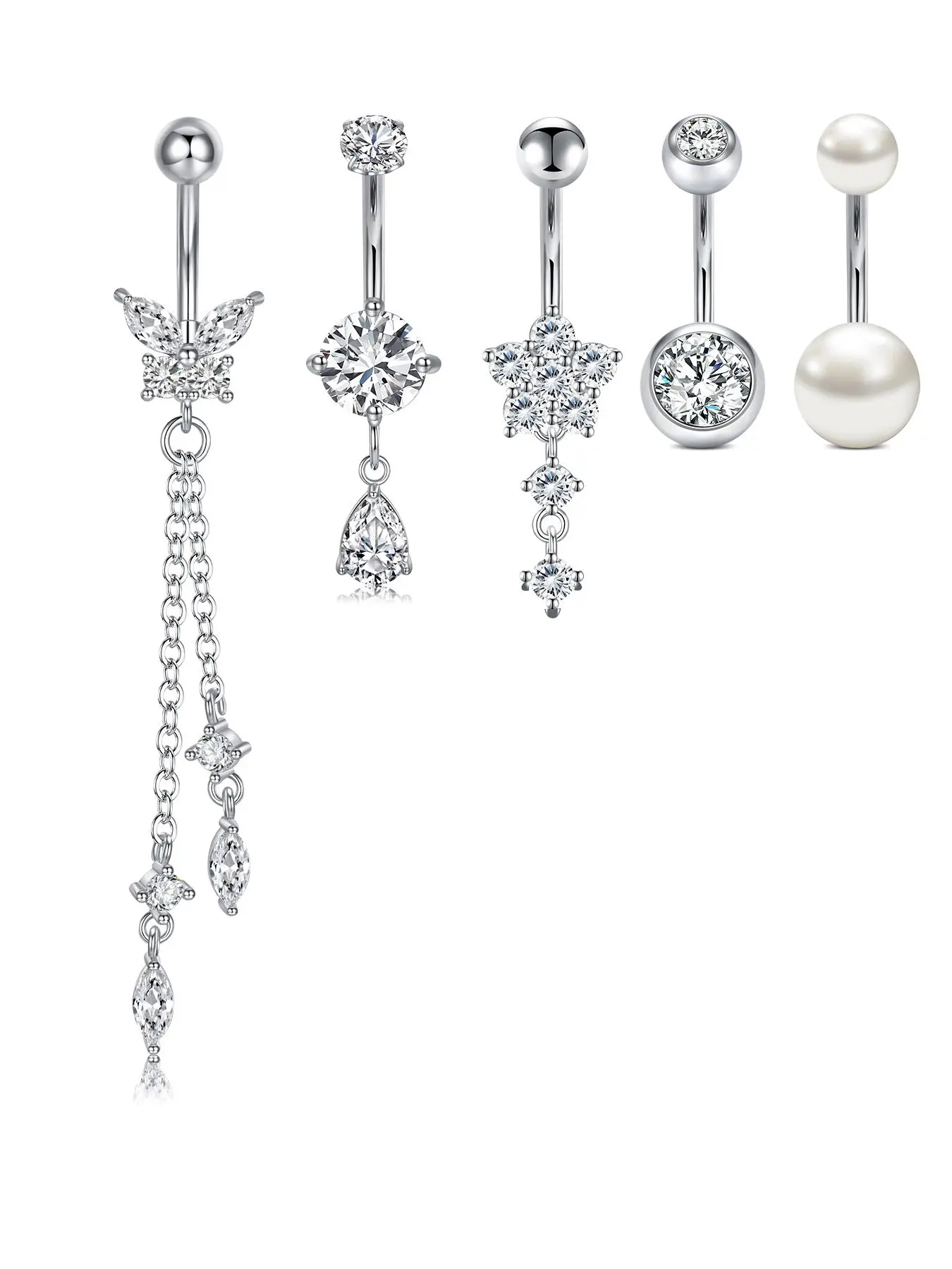 Stainless Steel Floating Belly Button Ring Set, Belly Button Piercing Butterfly Flower Water Drop Pendant Navel Jewelry, 14g Women's Body Accessories Body Jewellery