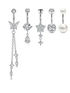Stainless Steel Floating Belly Button Ring Set, Butterfly Flower Water Drop Pendant Navel Jewelry, 14g Women's Body Accessories
