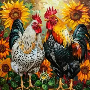 Vibrant Farm Rooster Hen Couple Bright Sunflower Rustic Country Floral Garden Scene 5D Full Drill Diamond Painting Kit Farm Animal Portrait DIY Cross Stitch Mosaic Craft Countryside Home Kitchen Living Room Wall Handmade Farmhouse Decor Art Gift