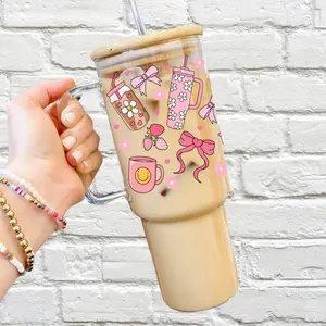 Pretty Pink Things  Glass Tumbler, Coquette Bows Glass Cup with Lid and Straw - Aesthetic Drinkware with Bamboo Lid and Delicate Pink Ribbons Iced Coffee Tumbler Portable Bottled