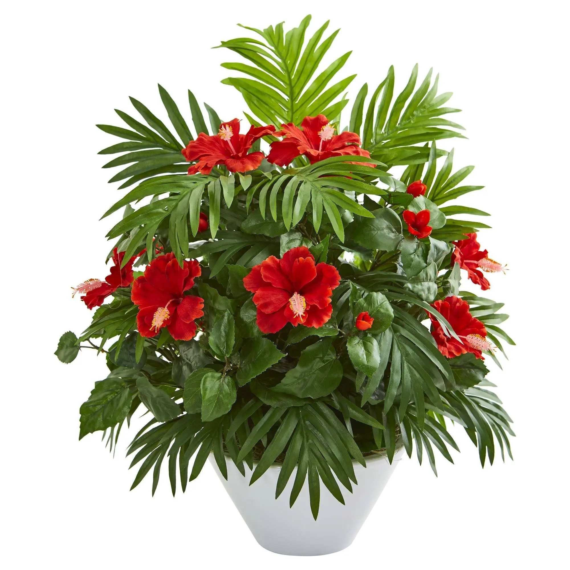 Colorful Simulated Flower & Faux Plants Indoor Set - 27 in White Bowl Vase with Hibiscus, Areca Palm, Decorative Ornaments for End Table, Indoor Home Room Decor