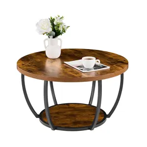 fathersdaygift VEVOR Coffee Table, Modern Round Coffee Table, 2 Tiers Wooden Circle Center Desk with Open Storage, Minimalist Sturdy Metal Frame Accent End Desk for Living Room, Office, Easy Assembly, Rustic Brown