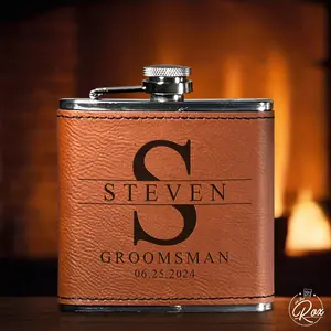 Personalized Groomsmen Flask - Custom Engraved Leatherette Hip Flask - Wedding Party & Best Man Gift