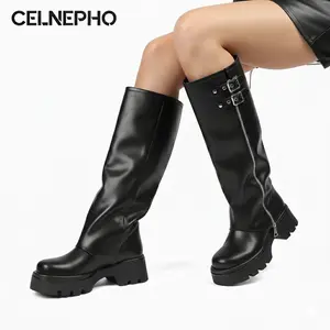 CELNEPHO Fashion Boots for Women Round Toe Knee High Biker Boots Chunky Platform Heel Side Zipper Closure Easy Pull on Goth Slouchy Booties Metal Buckle Design Combact Boots Riding Party Casual Wear Dress Shoes