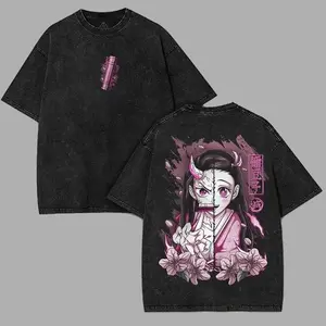 Men's Classic Cotton Soft Oversized Round Neck Shortsleeve Apparel - Ribbed Seamless Demon Slayer Nezuko Kamado v2 Double Printed Acid Washed Streetwear Graphic Tee, Menswear Everyday Fit Fabric