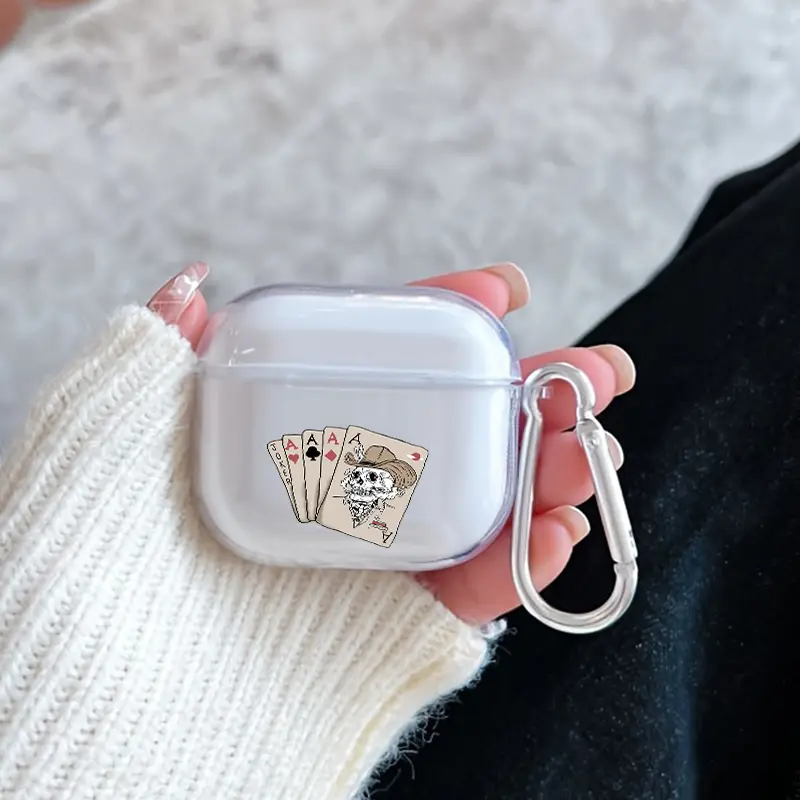 Skull Poker Hand Pattern Protective Case for AirPods 4/3/2/1/Pro/Pro2 Soft TPU Earphone Cover, Transparent with Keychain