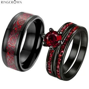 Ringcrown Couple Rings Matching Ring 1ct Red CZ Black Plated Women Wedding Ring Sets For Him And Her Men Titanium Steel Wedding Band