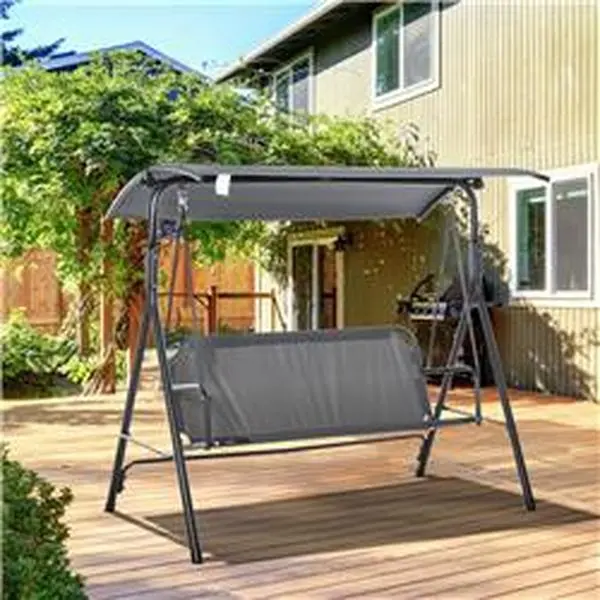 Gray 3-Person Outdoor Patio Porch Swing with Adjustable Canopy, Steel Frame, 440lb Capacity