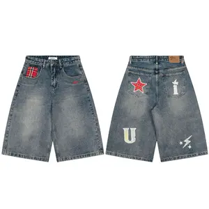 American-style Retro Plaid Patchwork Denim Shorts For Women