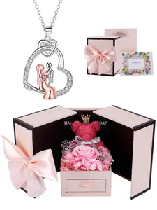 Mother and Child Necklace With Moss Bear Rose Jewelry Gift Box, Mother Daughter or Son Heart Pendant Necklace, Memory Birthday Mother's Day Jewelry for Mom New Mom Mothers Day Gift