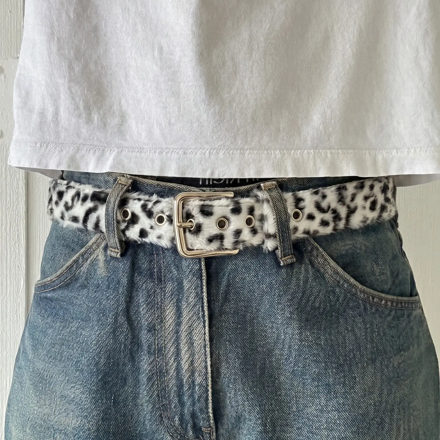 White Faux Fur Snow Leopard Belt - Fits 22.5-36.5 in Waist