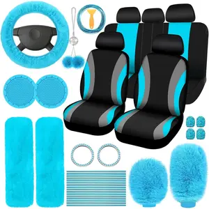 ROCEEI 43 Pcs Car Seat Cover Full Set for Women Christmas Fuzzy Car Accessories Fluffy Steering Wheel Cover Front Rear & Belt Handbrake Shift Accessory for Winter (Lake Blue)