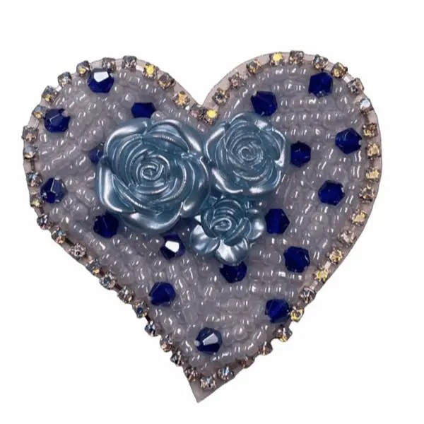 Blue Heart Flower Beaded Rhinestone Patch - Embroidery Sewing Accessory for Fabric Craft Projects