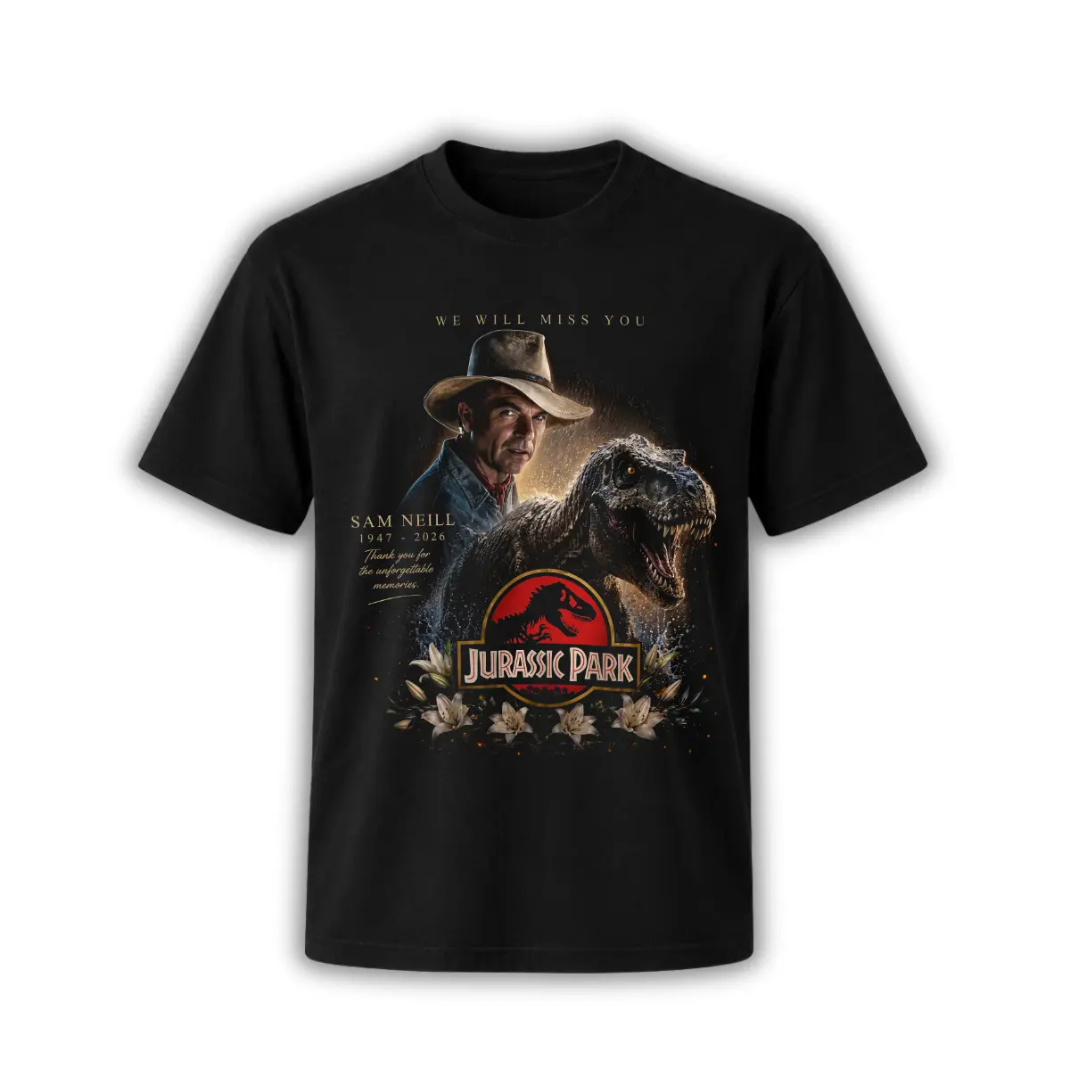 In Memory Of Sam Neill Shirt Tribute Jurassic Park Sci-Fi Movie Shirt, We Will Miss You Shirt, Classic Movie Dinosaur Graphic T-shirt, Unisex Clothing, Gift For Her, MADE IN USA