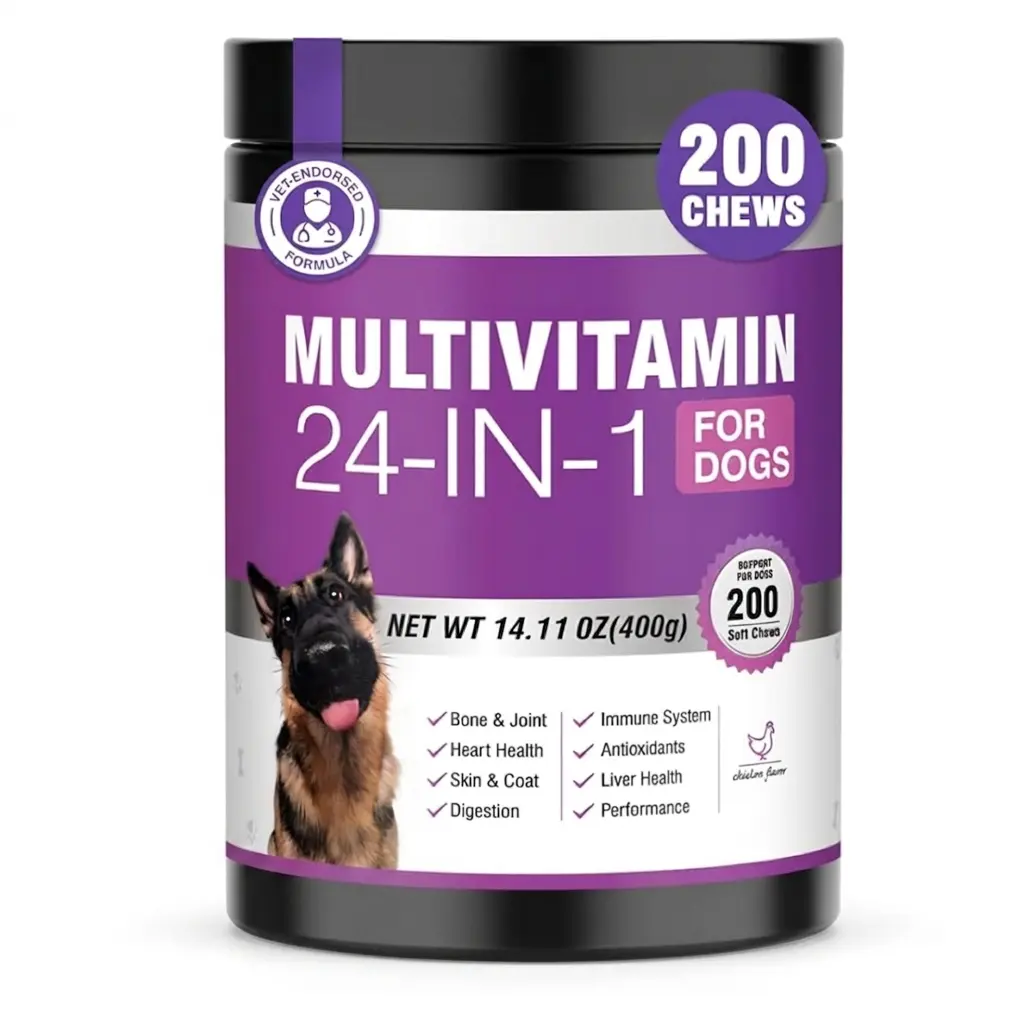 24-in-1 Dog Vitamins and Supplements 200 Ct Dogs Multivitamin Chewable Contain Chondroitin Probiotics Omega-3 Glucosamine For Dogs Skin Coat Heart Joint Fut Liver Brain Eyes Immune Support - Chicken