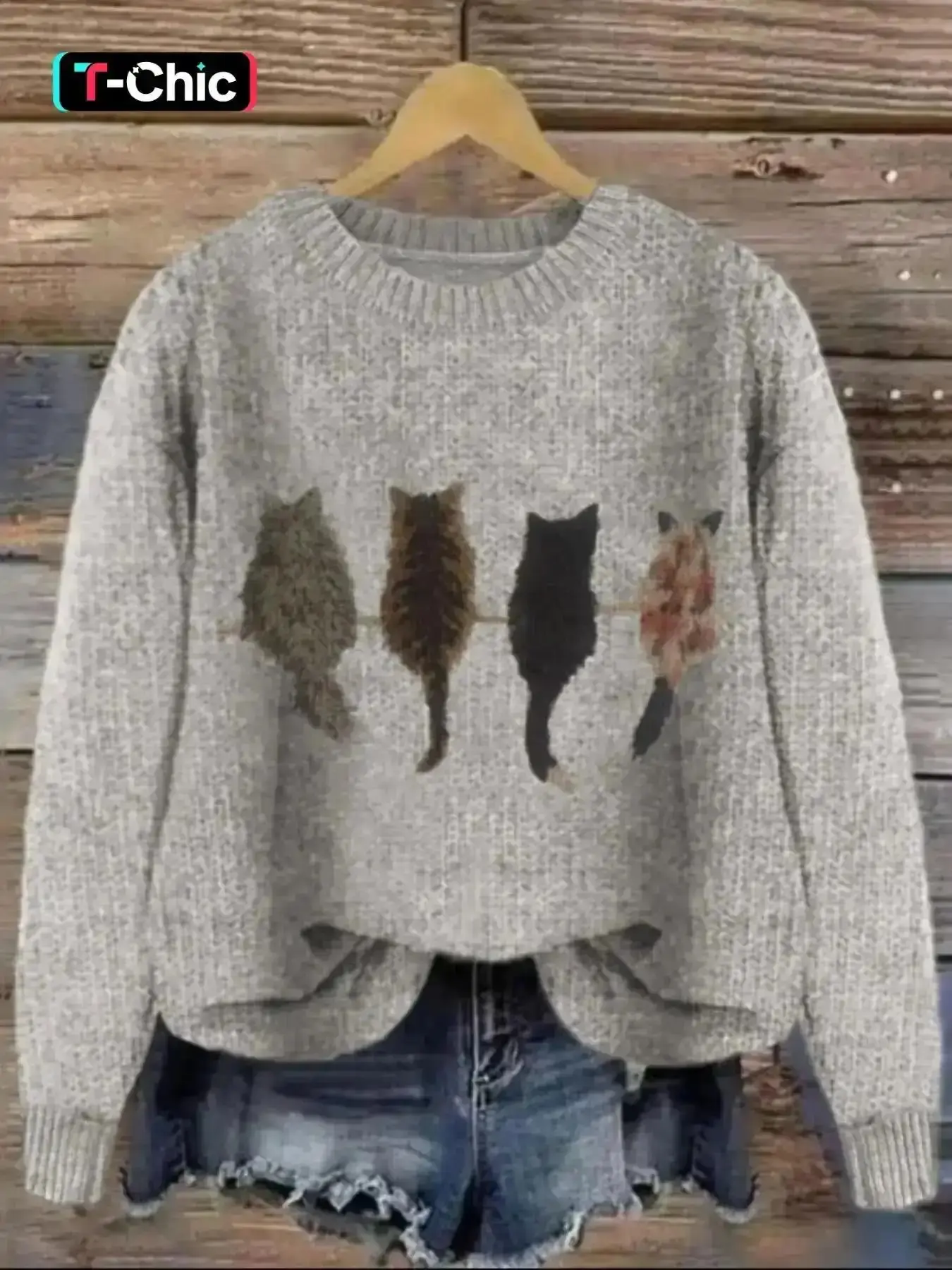 Women's Cat Print Drop Shoulder Soft Knitted Sweater, Casual Long Sleeve Round Neck Animal Print Jumper for Fall & Winter, Fashion Ladies' Knitwear for Daily Wear, Womenswear, Knitting Fit, Easy Styling