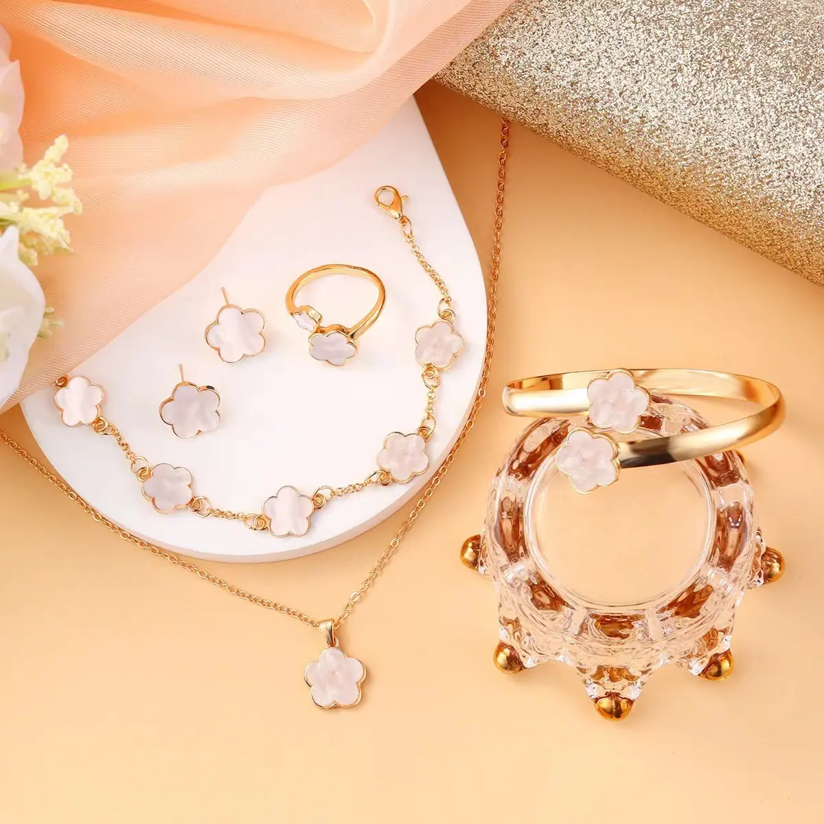 Flower Design Jewelry Set, Gifts for Girlfriend Elegant Necklace&Bracelet&Bangle&Ring&Earrings, Prom Jewelry, Fashion Cute Jewelryfor Party, Daily Decor, Trendy All-match & Exquisite Jewelry for Birthday Gift | Floral, Fashionable & Elegant, Vacation Wear