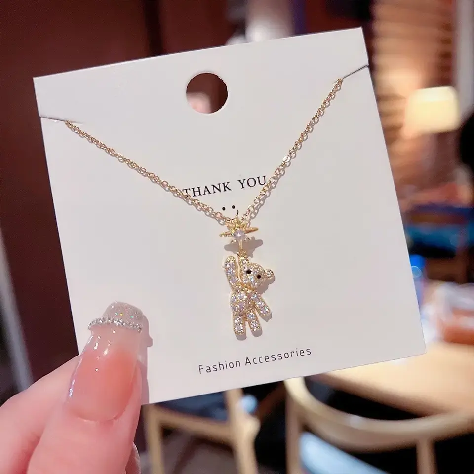 New Fashion Sparkly Cute Bear Pendant Necklaces For Women Trendy 18K Gold Plated Stainless Steel Clavicle Chain Jewerly Girls