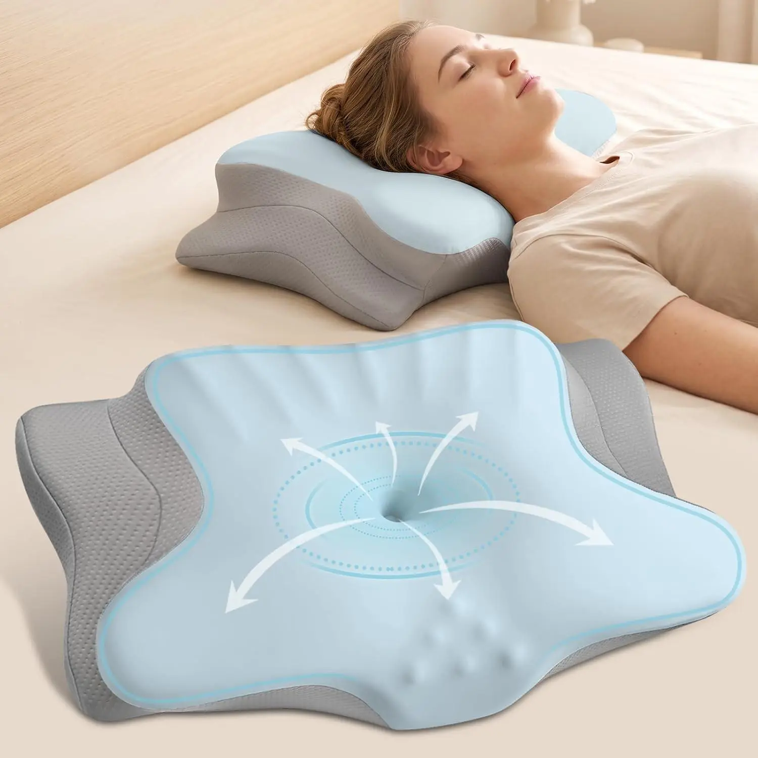 Ylekto Cervical Neck Pillow for Pain Relief - Contour Memory Foam Pillows for Sleeping, Ergonomic Pillow Side Sleeper Pillow for Neck Support, Orthopedic Bed Pillow for Sleepers (Blue & Grey)