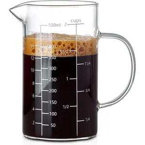 500ML 2 Cup High Borosilicate Glass Liquid Measuring Cup With Handle, Three Scales (OZ, Cup, ML/CC), V-Shaped Spout Easy To Read Glass Measuring Beaker for Kitchen Restaurant