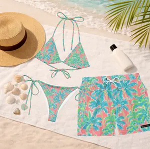 Tequila Sunrise Tropical Palm Matching Swimwear 2026, Women's String Bikini & Men's Swim Trunks, Sunset Beach Couple Swimsuits, Summer Vacation Beachwear, Honeymoon Outfit