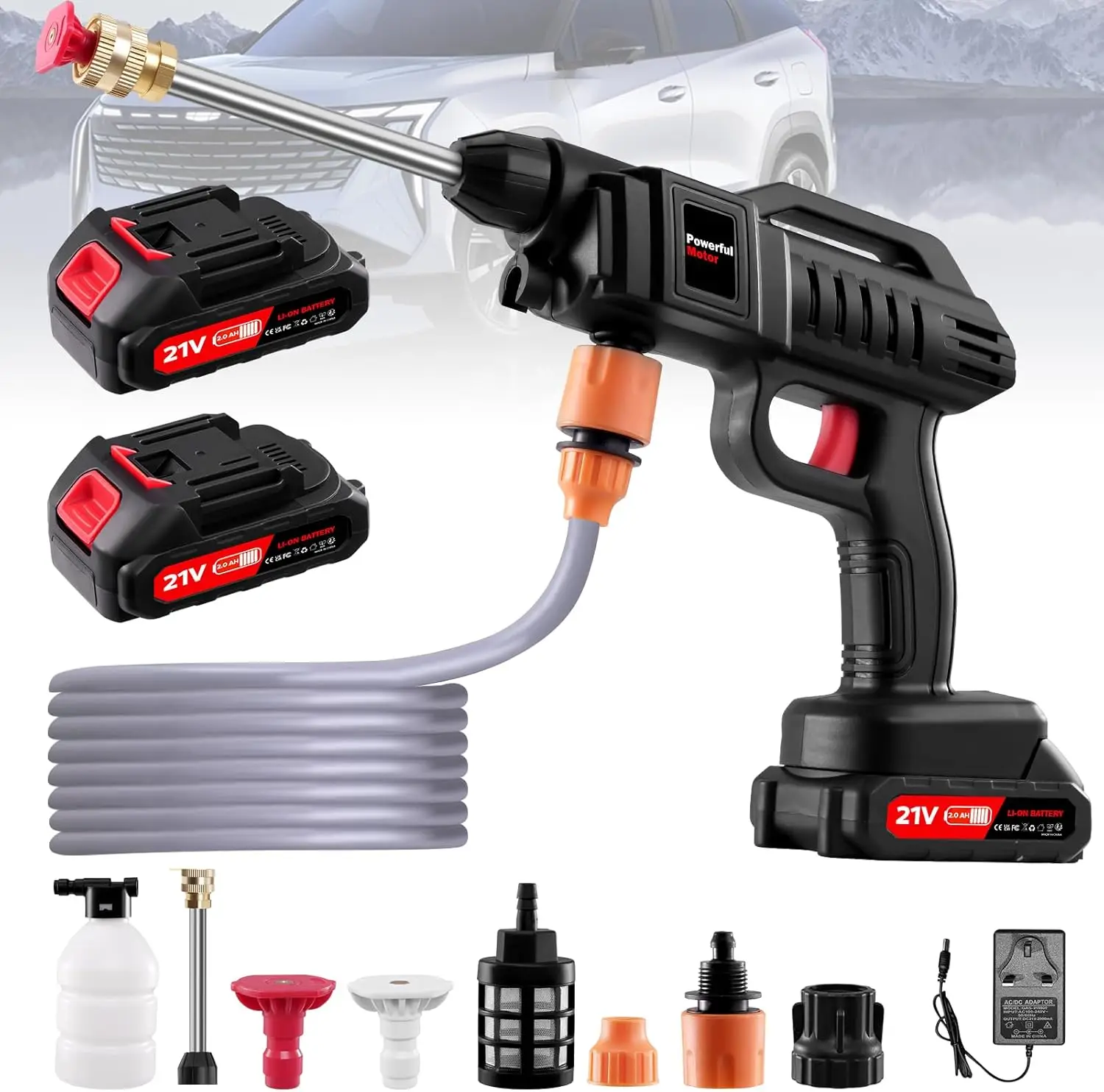 Cordless Pressure Washer,1500W Portable Battery Pressure Washer, High Pressure washer Gun with 2 Nozzles, 2 Battery, 5m Hose Cordless Jet Washers/Pres