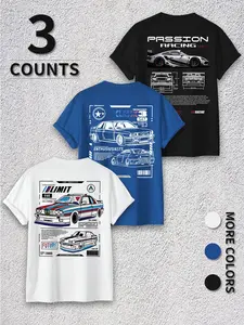 Car Modification & Racing Themed 3-Pack Printed Round Neck T-Shirts, 2026 American Streetwear Oversized Tees, Multi-Color Options, Ideal for Car Enthusiast Gatherings, Daily Wear, Edgy Outings, A Standout Set to Show Car Passion & Speed Attitude