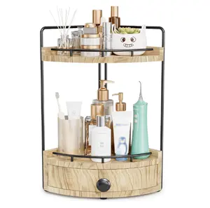 2-Tier Corner Bathroom Counter Organizer with Drawer & Embedded Screw Holes - Wooden Countertop Organizers for Skincare, Makeup Storage, Bathroom Sink Counter Shelf for Vanity, kitchen