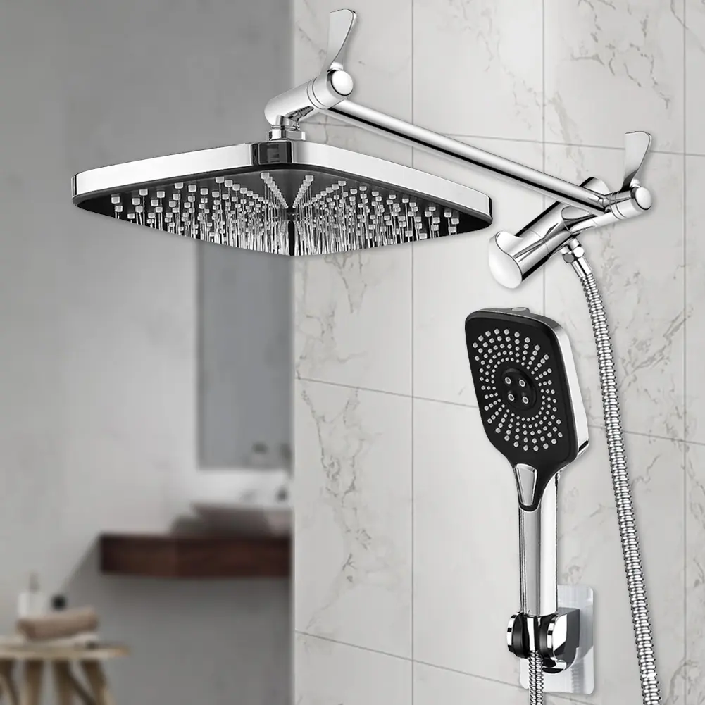 12" ABS-Metal Rainfall Shower Head Ensemble - 1 Set x Fixed/Handheld Combo, Wall-Mount, Brass 304 Height-Adjustable Extension Arm, Angle-Adjustable Design, 3+1 Mode Spray Settings, 304.8x191x50mm, Hassle-Free Installation Bathroom Fixture