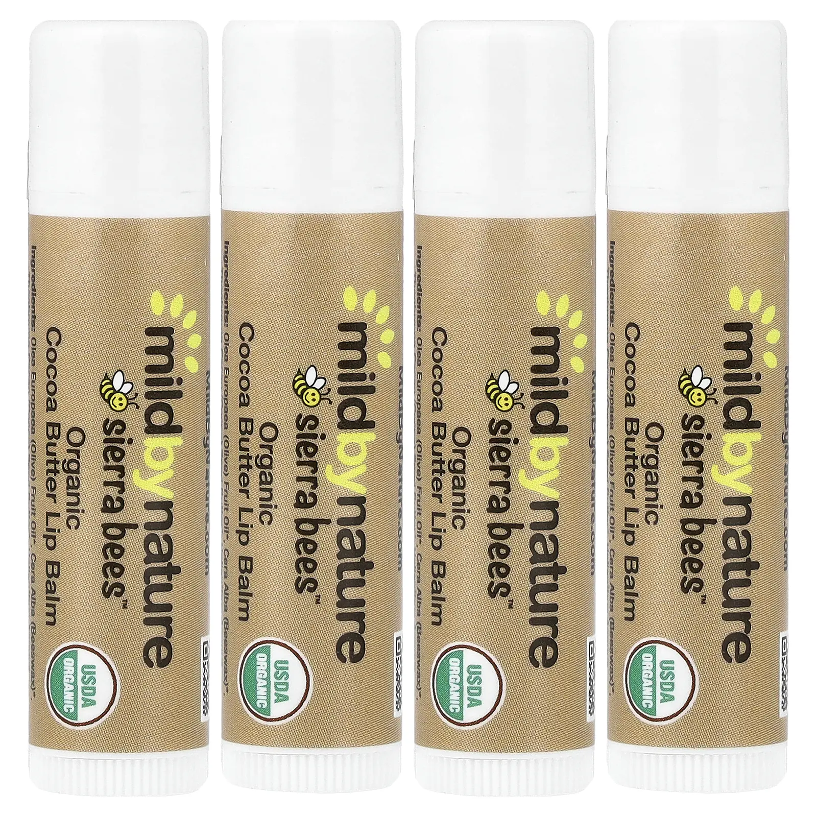 Mild By Nature Sierra Bees™, Organic Lip Balms, Cocoa Butter, 4 Pack, 0.15 oz (4.25 g) Each