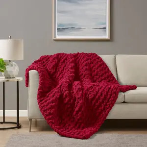 60 x 50 Throw Blanket, Polyester Chenille, Wide Knitted, Red