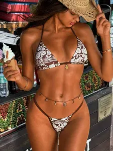 LALUZ Boutique Swim Vcay Spring/Summer Sunshine Beach Swimsuit 2pcs Set, Vacation Random Shell Print Spaghetti Strap Halter Gold Starfish Decor High Cut Women Swimwear Set