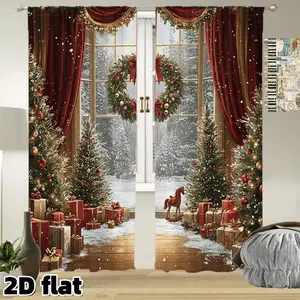 2D Flat 2Pcs Festive Christmas Window Scene Curtains Red Holiday Theme Semi Sunshade Rod Pocket Design Premium Polyester Fabric Winter Snow Print Suitable for Living Room Bedroom Treatment Decoration Gifts Anti Privacy