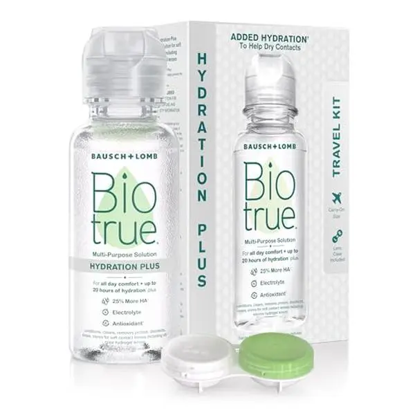Biotrue Hydration Plus Contact Lens Solution, Multi-Purpose Solution for Soft Contact Lenses, Lens Case Included, 2 FL OZ Travel Size