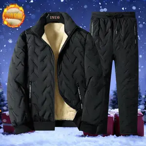 Men's 2-Piece Autumn/Winter Hooded Cashmere Cotton Stand Collar Jacket, Cardigan Jacket, Men’s Straight Leg Pants – Equipped with Soft Polyester Fiber Lining, Suitable for Running, Exercising, Gym, and Outdoor Activities – Perfect as a Christmas Gif thick