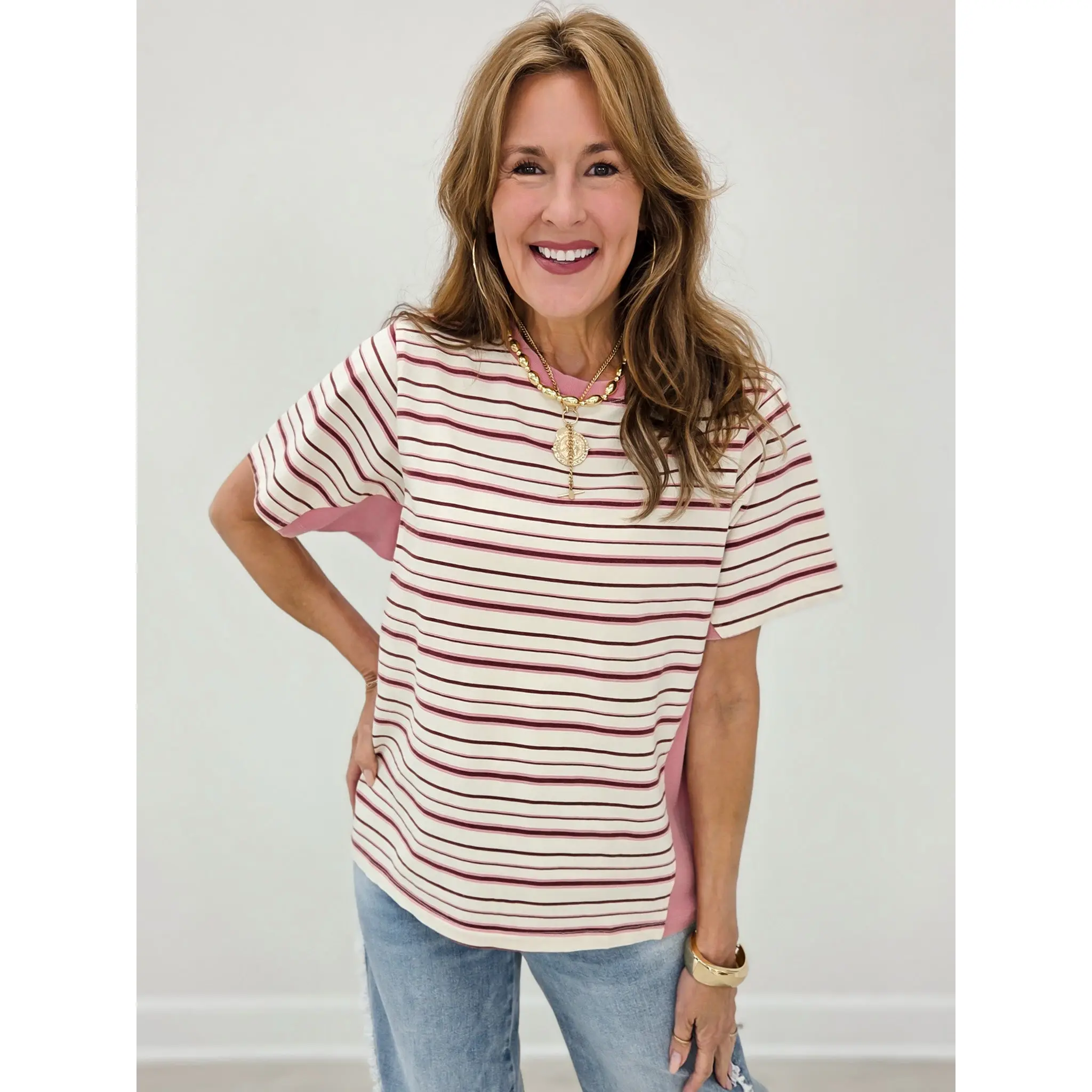 Striped Cotton Jersey Knit Short Sleeve Top