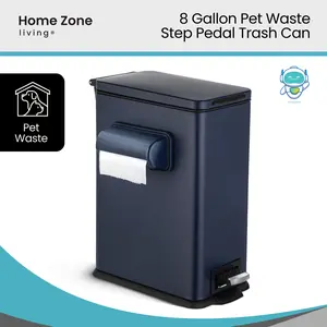 Home Zone Living 3 Gallon Slim Rectangular Dog Waste Trash Can with Bag Holder, Stainless Steel, Matte Navy with Trash Bags