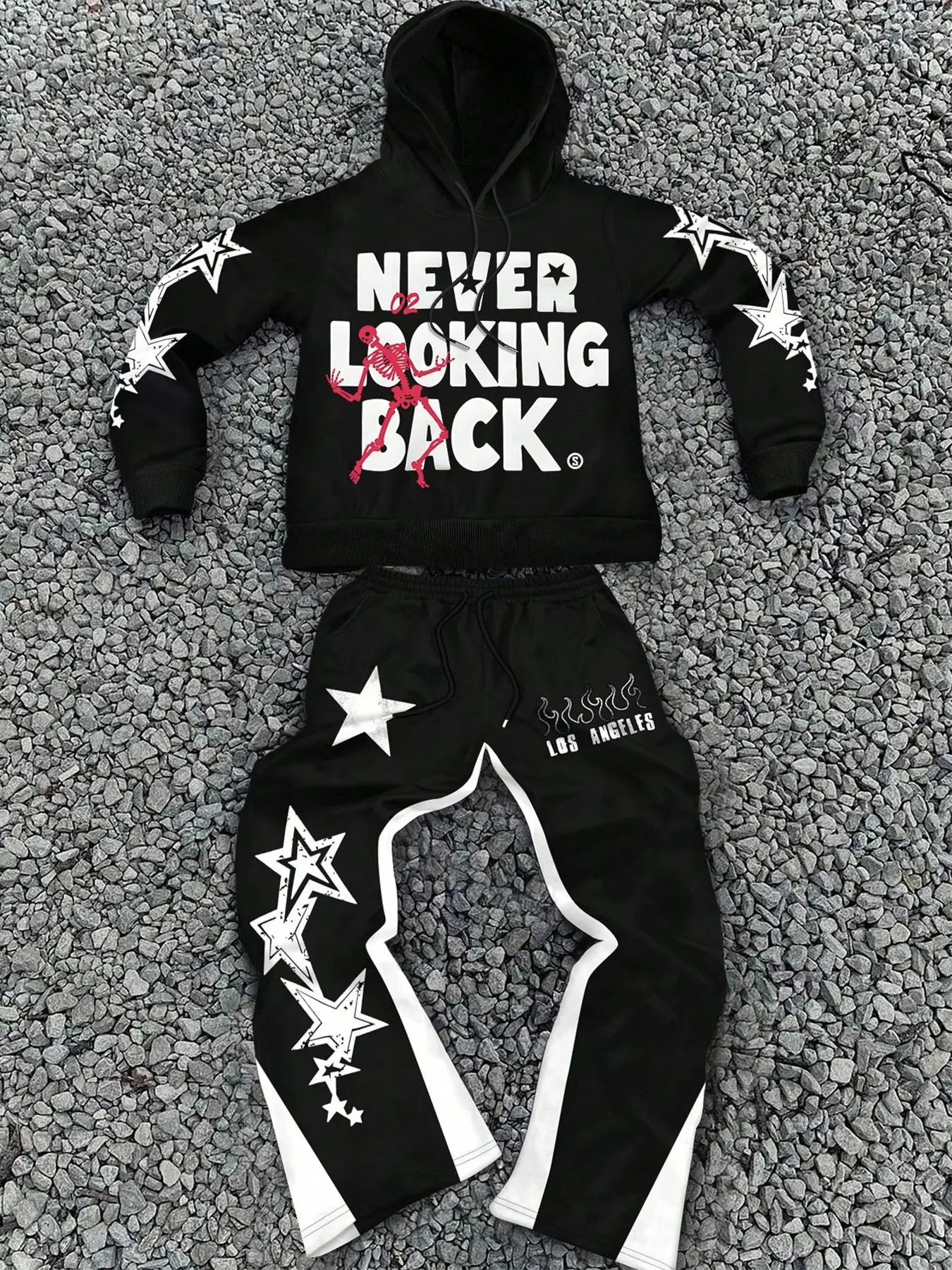 Men's Casual Hooded Long Sleeve Sweatshirt Set, Colorblock Long Pants Two-Piece, Star Letter Graphic Print, Fashion Streetwear, Menswear