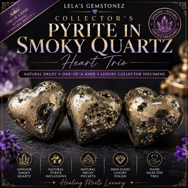 Collector's Natural Druzy Pyrite in Smoky Quartz Heart Trio 1-of-a-Kind Luxury Collector Specimens Room Decor House Decor Statement Item for Home Office Enhances Self-Esteem Increases Physical druz crystals crystal wealth