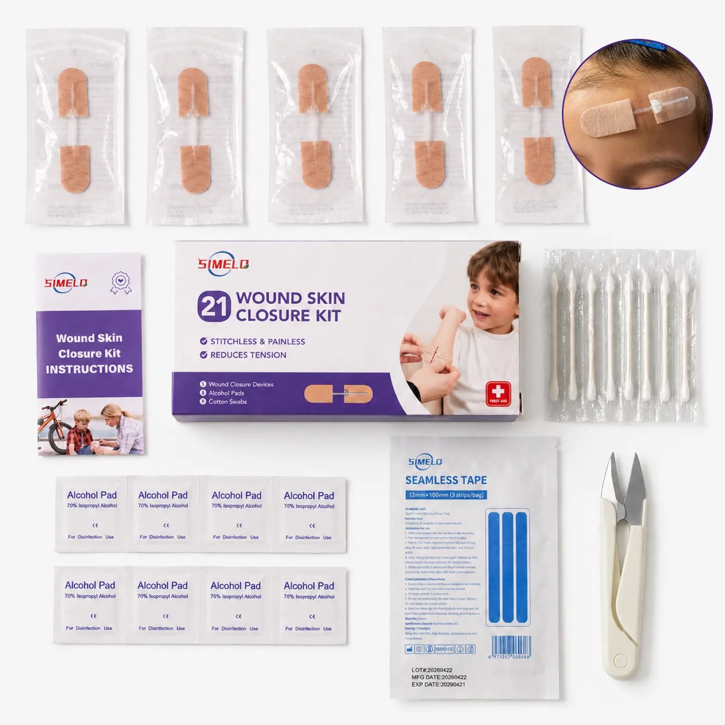 SIMELO Locking Wound Skin Closure Kit (21-Piece Set, 5 Single-Lock Strips) - Medical Accessories, Wound Care, Hypoallergenic, Breathable Home First Aid Supply, Gentle on Skin, Stitchless Pain-Free Stitch Alternative, Adjustable Tension for Cuts